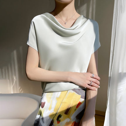Silk Satin 2025 Spring and Summer New Short Women's French Collar Elegant T-Shirt Simple Short-Sleeved Large Size Top