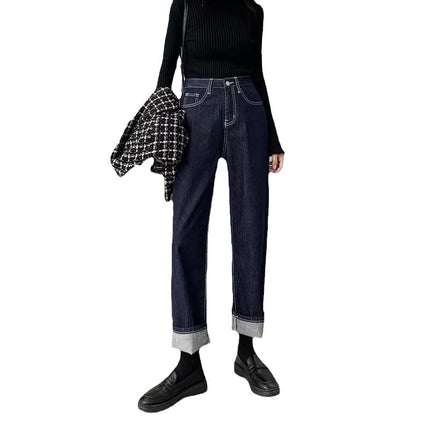 High waist wide leg jeans for women Spring and Autumn 2024 new dark blue loose straight all-match draping mop pants