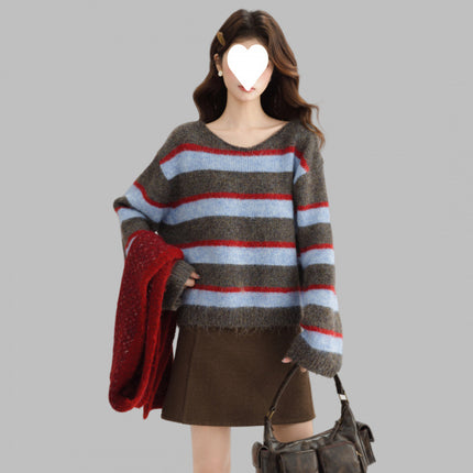 Retro Green Striped Design Thick Sweater Simple Women's Winter Lazy Loose Stylish Top