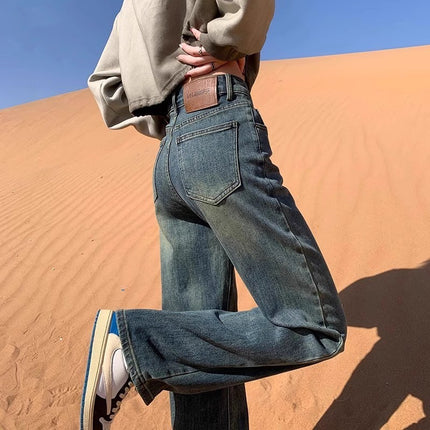 plus size Cement Grey Straight Leg Jeans Women's Fashionable All-match New High Waist Slimming Narrow Style Wide Leg Pants