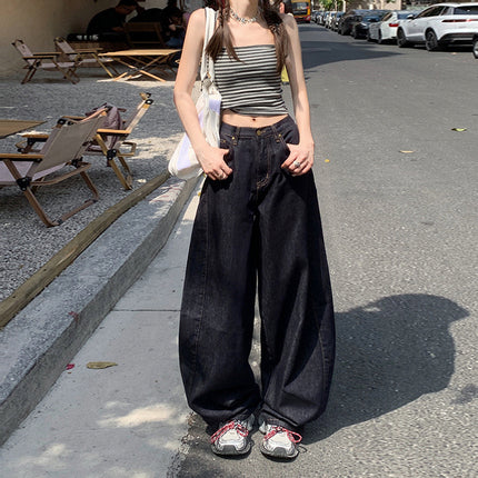 American Style dark blue Scimitar Wide Leg Jeans Women's 2025 Summer New High Waist Straight Loose Slimming Mop Pants