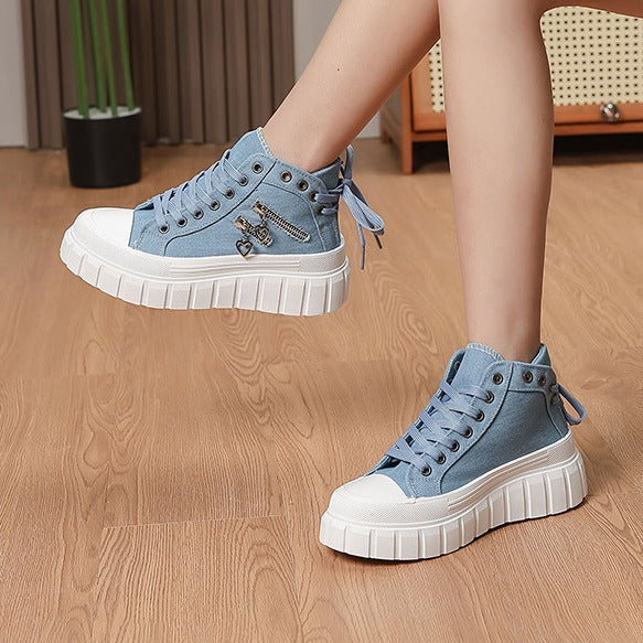 Cross-Border Spring and Autumn Large Size Women's Shoes, Thick-Soled Canvas Shoes, Women's Metal Zipper Love Decoration Casual Sports Shoes