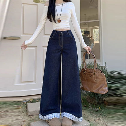 American-Style Dark Blue Denim Wide-Leg Pants, New Cropped Plaid Patchwork Design, Petite Slimming Straight-Leg Floor-Length Pants
