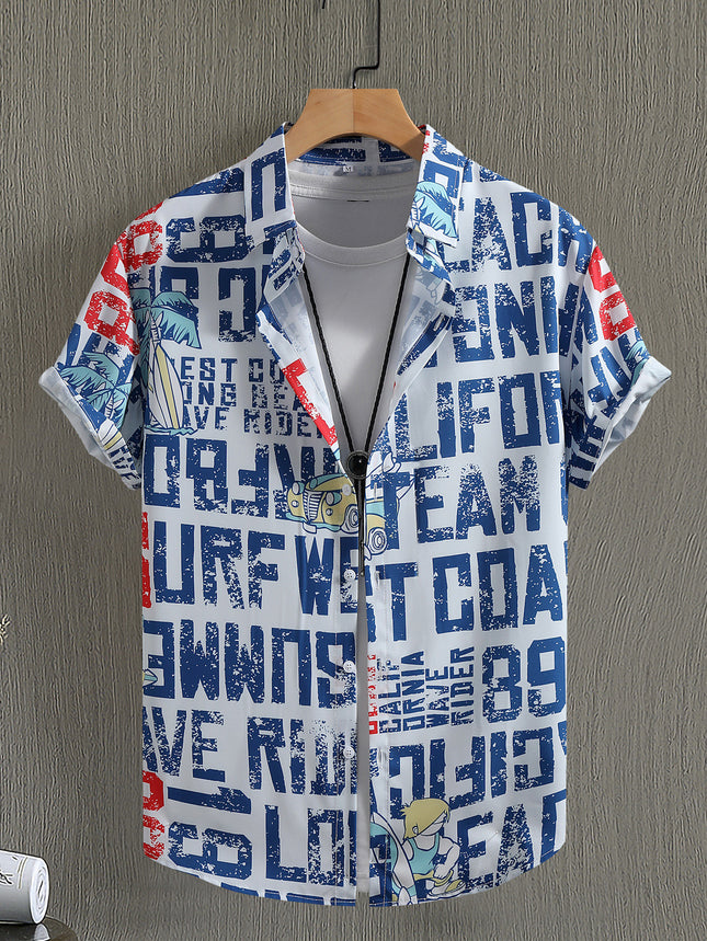 Men's Short-sleeved Shirt Letter Coconut Tree Print Foreign Trade Men's Casual Fashion Summer 2025 New Cross-border Beach Style