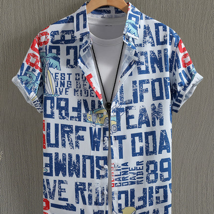 Men's Short-sleeved Shirt Letter Coconut Tree Print Foreign Trade Men's Casual Fashion Summer 2025 New Cross-border Beach Style