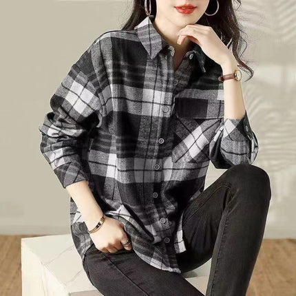 2025 Autumn New Loose Plus Size Women's Clothing Artistic Retro Brushed Wool Plaid Casual Loose Mid-Length Shirt
