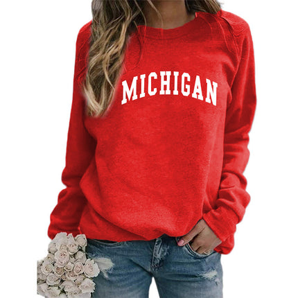 Cross-border supply of European and American foreign trade MICHIGAN printed crew neck sweater top women's coat autumn and winter European size