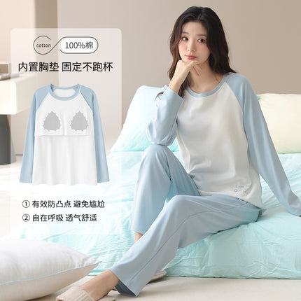 2025 Wholesale Pure Cotton Long-Sleeved Pajamas with Chest Pads, Solid Color, Girly Style, Spring and Summer Round Neck Sweet Home Wear