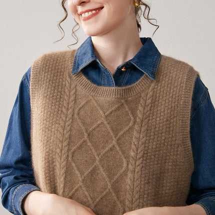 Autumn and Winter Cashmere Vest for Women, Round Neck, Thickened, Short Front and Long Back, Loose Fit, Sleeveless, Back Slit, Knitted Sweater