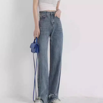 European and American Ripped Tassel High Waist Jeans Women's 2024 Summer New Niche Design Sense Straight-leg Loose Mop Pants