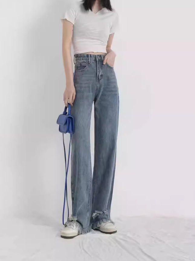European and American Ripped Tassel High Waist Jeans Women's 2024 Summer New Niche Design Sense Straight-leg Loose Mop Pants