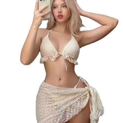 2025 Cross-Border New Sexy Bikini Three-Piece Gauze Skirt Swimsuit Halterneck Pure Color Popular Pure Color Split Swimsuit