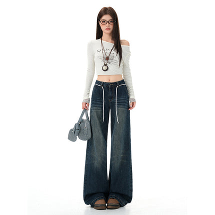 Washed Straight-Leg Jeans for Women, Autumn New American Design, Loose Fit, Slimming, Drapey, Floor-Length Wide-Leg Pants