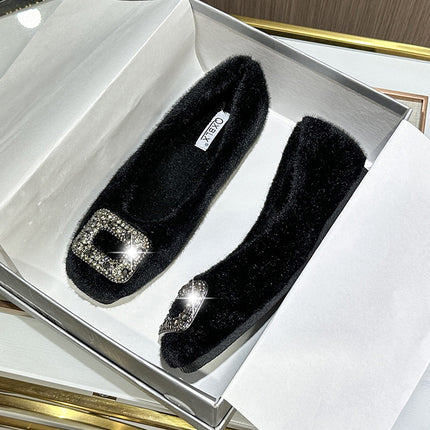 2025 New Winter Furry Shoes for Women, Korean Style Square-Toe Flats Shoes, Fleece-Lined Rhinestone Bean Shoes, Women's Cotton Scoop Shoes