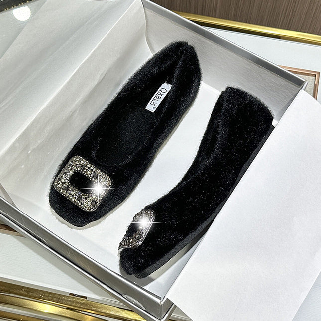 2025 New Winter Furry Shoes for Women, Korean Style Square-Toe Flats Shoes, Fleece-Lined Rhinestone Bean Shoes, Women's Cotton Scoop Shoes