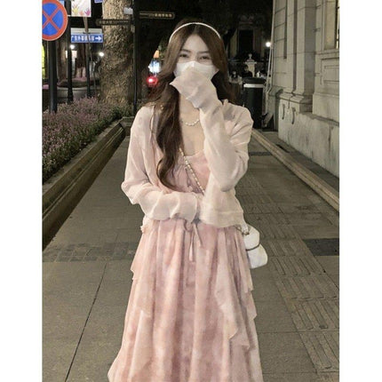 Pink floral gentle style suspender skirt cardigan two-piece set little fairy dress Mori first love skirt suit