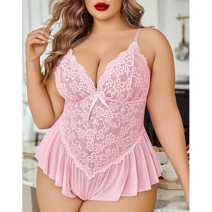 In-Stock Sexy Transparent Lace Bow Strap Bodysuit Lingerie Deep V Plus-Size Sleepwear Dress Wholesale