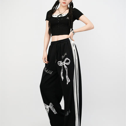 Street Dance Trendy Brand Lace Bow Sports Suit Cropped Short-Sleeve T-Shirt Jazz Pants Women Slim Loose Pants