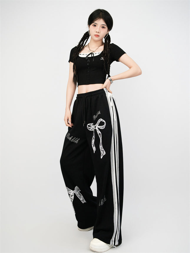 Street Dance Trendy Brand Lace Bow Sports Suit Cropped Short-Sleeve T-Shirt Jazz Pants Women Slim Loose Pants