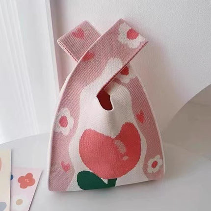 Knitted Handbag Women's Spring New Cartoon Woven Hand Bag Work Sundry Bag Gift Bag Lunch Bag
