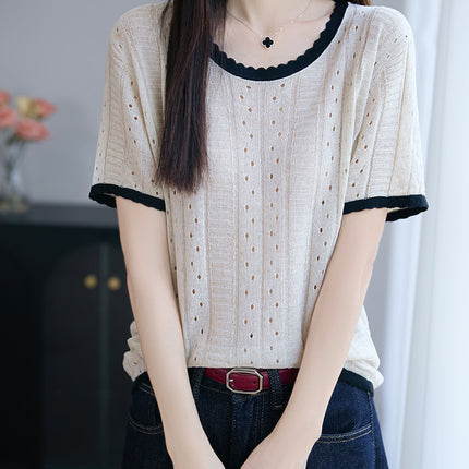 Ice Silk Knitwear Women's 2024 New Korean Style Summer Women's Casual Versatile Cut Out Thin Short-Sleeved T-Shirt Tops