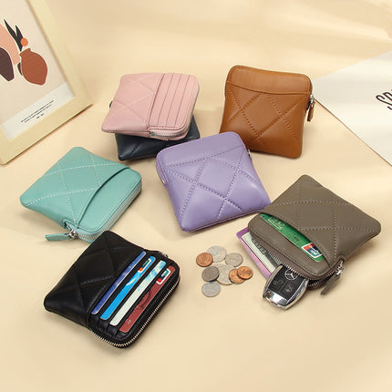 Genuine Leather Card Holder new sheepskin rhombus small mini women's solid color coin bag earphone storage zipper coin purse
