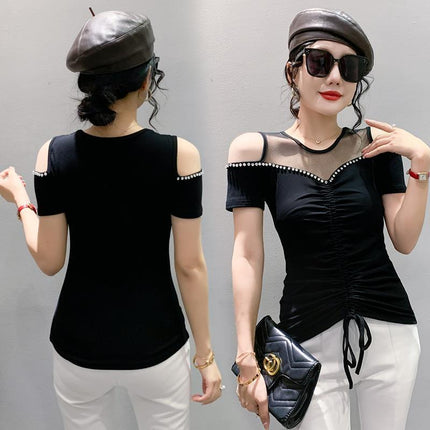 Real Shot 2023 Summer New Original Sexy Shoulder Heavy Industry Nail Drill Drawstring Pleated Slimming Short-sleeved T-shirt for Women