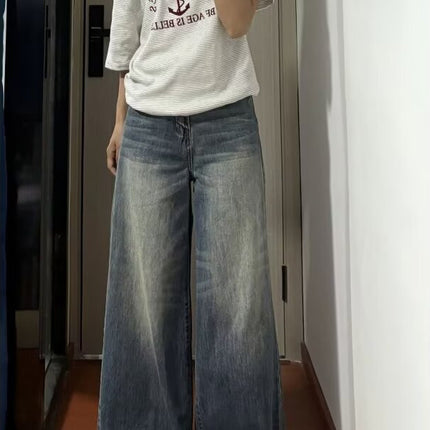 Vintage Washed Wide-Leg Jeans for Women 2025 Autumn New High-Waisted Loose Slimming Straight-Leg Floor-Length Pants