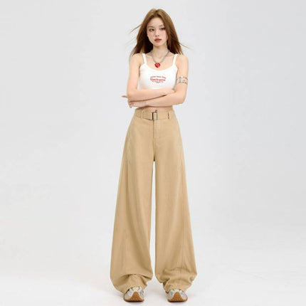 High-Waisted Casual Jeans with Belt, Simple Versatile Fashion Wide-Leg Floor-Length Pants for Women
