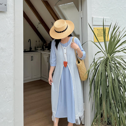 Two days 2025 spring new plus size women's tassel hollow blouse/solid color waist dress 8782AB
