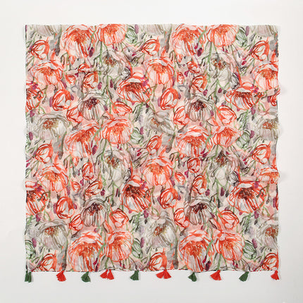 Fresh and Elegant Red Petal Mixed Printed Tassel Gauze Women's Cotton and Linen Scarf Travel Decorative Shawl