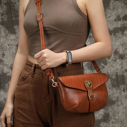 Genuine Leather Vintage Saddle Bag Thick Soft Vegetable Tanning Top Layer Leather Crossbody Dumpling Bag Korean Casual Brass Hardware 32008