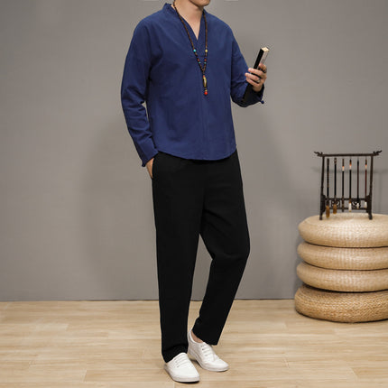 Cotton and Linen Suit Men's Autum New Tang Suit Long-Sleeved Pants Chinese Style Retro Zen Suit Chinese Casual Han Dynasty Suit