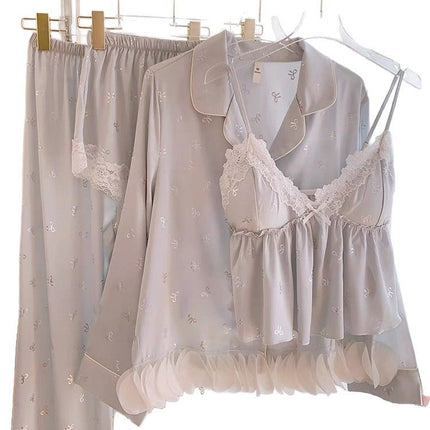 Spring and Summer New Pure Desire Wind Bow Ice Silk Pajamas Women's Four-piece Sling Shorts Sexy Sling Home Clothes