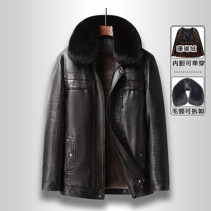 Cross-border plus size detachable liner men's leather jacket business casual dad's leather jacket fleece-lined thickened leather jacket