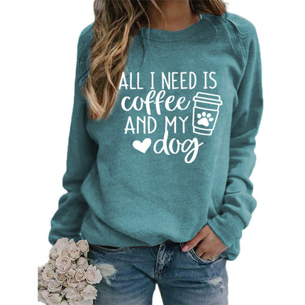 Foreign trade supply all I need is coffee printed crew neck top sweater European size ladies coat long sleeve