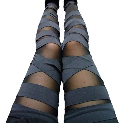 Spring and Autumn new women's high elastic plus size milk silk cross leggings mesh binding fake transparent cropped pants for women