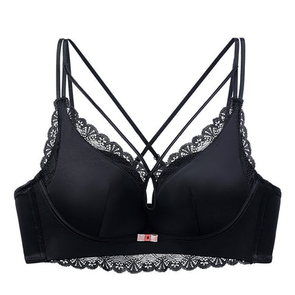 New hollow-out breast shaping with satin underwear thickened steamed bread cup small chest push up sexy cross back bra foreign trade