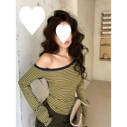 Autumn and Winter Sexy Style Striped Off-Shoulder Long-Sleeve Women's Short Slim-Fit Top with Removable Chest Pads Versatile Top