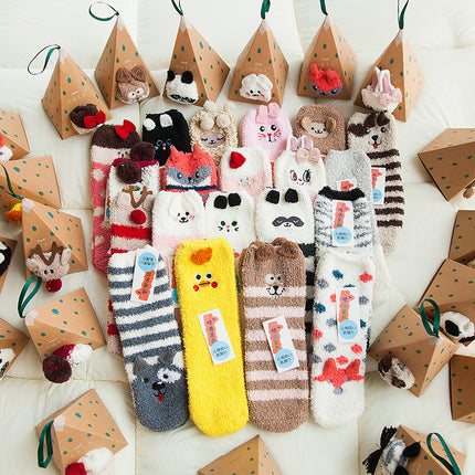Coral Fleece Japanese-Style Christmas Socks with Embroidered 3D Cartoon Design, Boxed Floor Socks, Half Fleece Socks for Women
