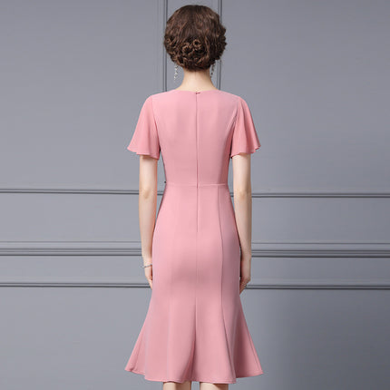 Zhili French-Style Dress 2026 New Model for Tall Women, Summer Pink Ruffle Sleeves, Rhinestone Embellished, Slim Fit Mermaid Dress