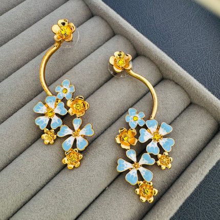 Oscar European and American Style Long Retro Old Flower Enamel Earrings High-End Niche Design Asymmetric Earrings
