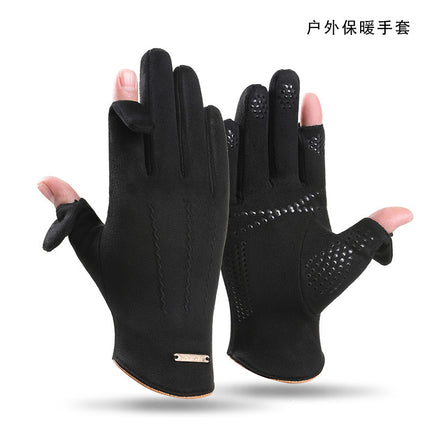 Warm Gloves for Autumn and Winter, Men's and Women's Models, Soft, Windproof, Cold-Proof, Non-Slip, Fingerless, Suede Full-Finger Cycling Gloves