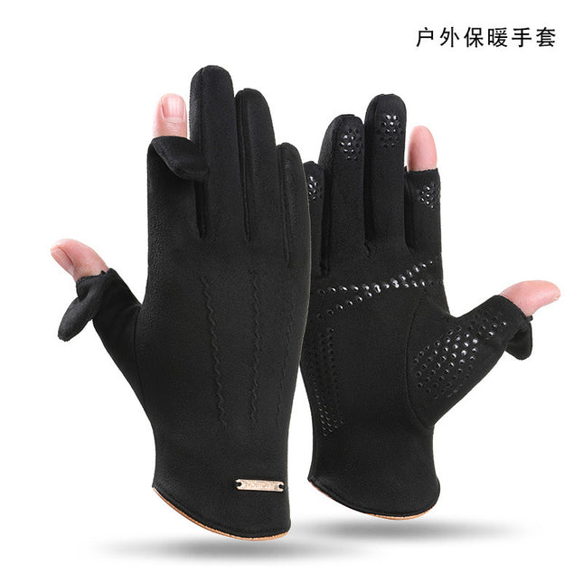 Warm Gloves for Autumn and Winter, Men's and Women's Models, Soft, Windproof, Cold-Proof, Non-Slip, Fingerless, Suede Full-Finger Cycling Gloves
