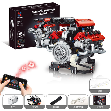 Cross-border Rambo sports car Simulation V8 Engine Engine Lighting Edition app Programmable Building Blocks Model Toy