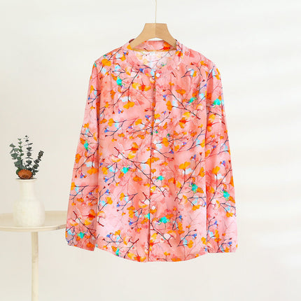 Middle-Aged and Elderly Women's Summer Thin Cardigan Mother's Wear Cotton Silk Long-Sleeved Loose Large Size Artificial Cotton Shirt Pajama Top