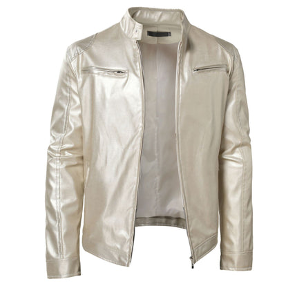 Spring and Autumn Business Gentleman Warm Zipper Cardigan Pocket Decorative Pu Leather Jacket Stand Collar Slim Fit Zipper Leather Jacket