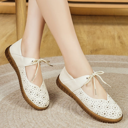 Croc Shoes, Middle-Aged Mother's Shoes, Soft-Soled Women's Velcro Women's Shoes, Shallow Tendon Soles, Hollow Flat Sandals, Leather Shoes