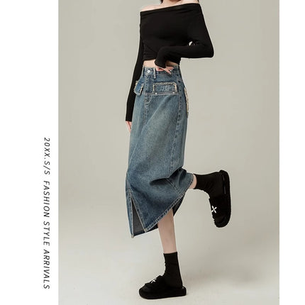 High Waist Denim Skirt Women's Summer New 2024 All-match A- word Mid-length High-end Hip Skirt for Children