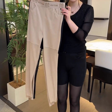 Summer Popular Thin Half Mesh Leggings High Waist Large Size High Elastic Versatile Pocket Anti-Exposure Mesh Nine-Point Pants for Women